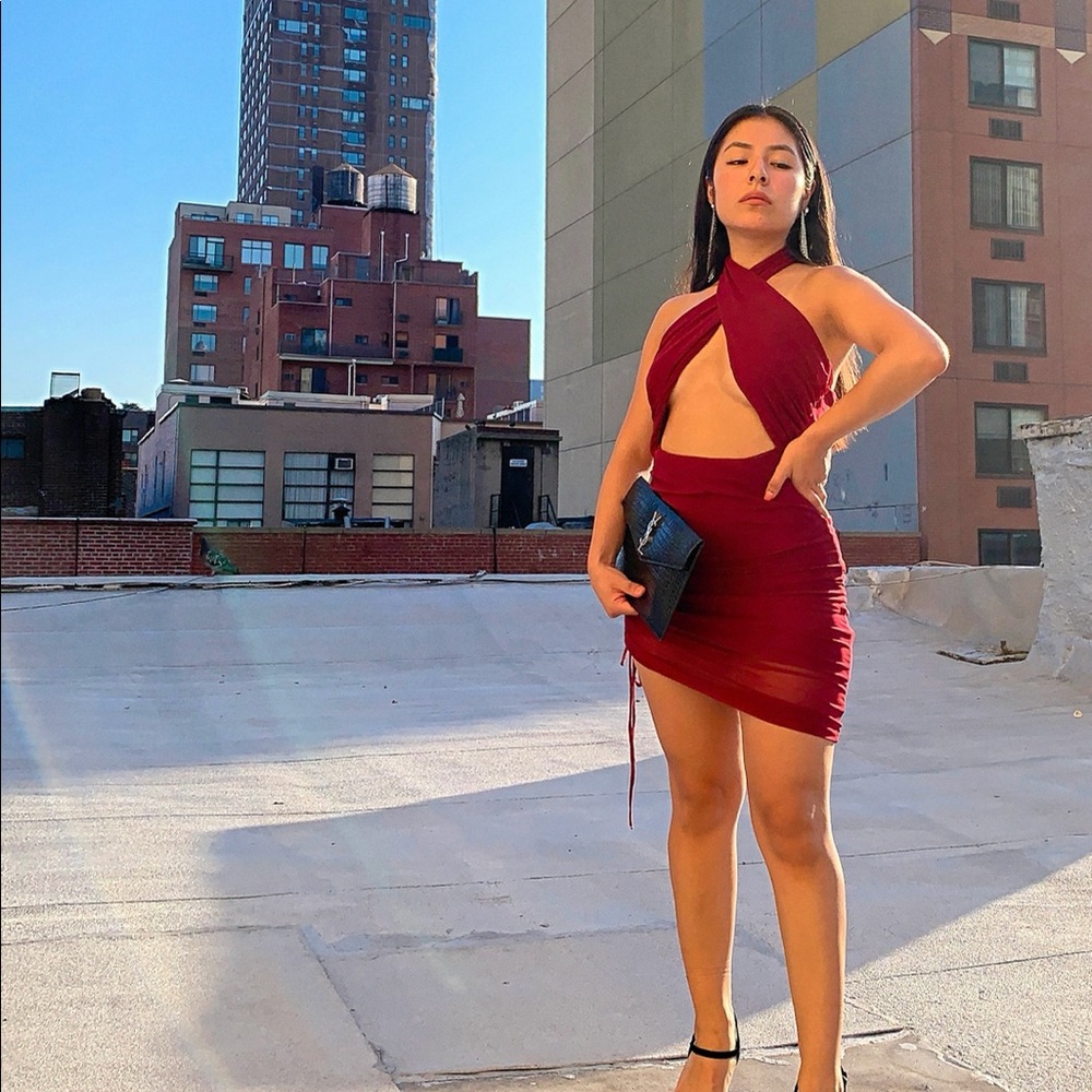 Mesh Knit Cross Over Halter Mini Dress - Burgundy